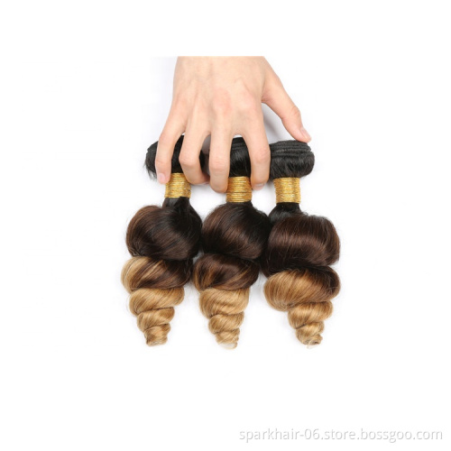 9a 100g SPARK Ombre Brazilian Remy Human Hair Weaving Bundle for Women Weave Hair Extension Black Brown Gold Loose Wave 1b/4/27